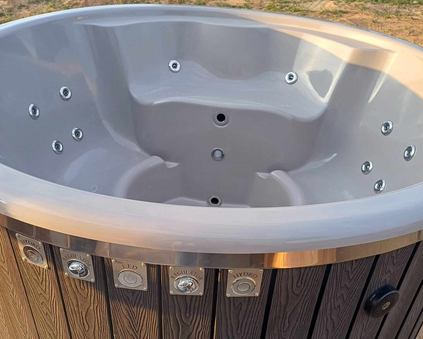 Round Wood-Fired Hot Tub with External Log Burner