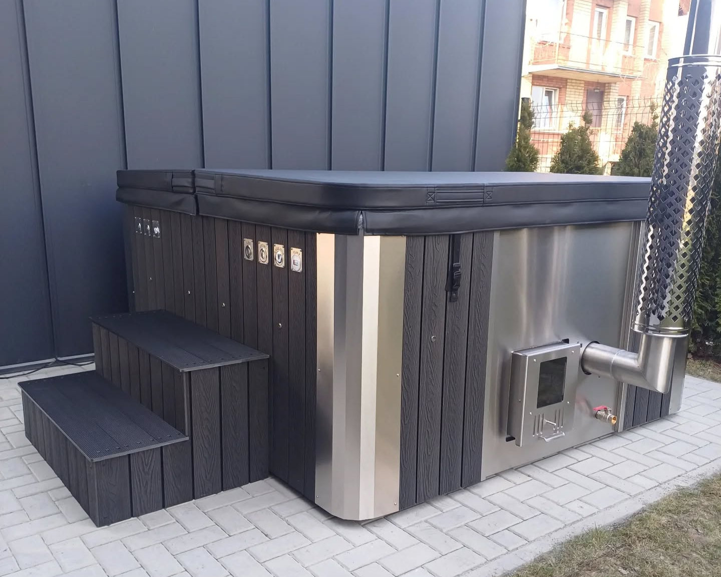 Rectangular Wood-Fired Hot Tub with Integrated Log Burner