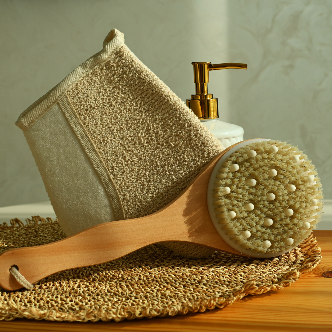 Spa accessories set with dry brush, exfoliating glove, and soap dispenser for sauna and hot tub use