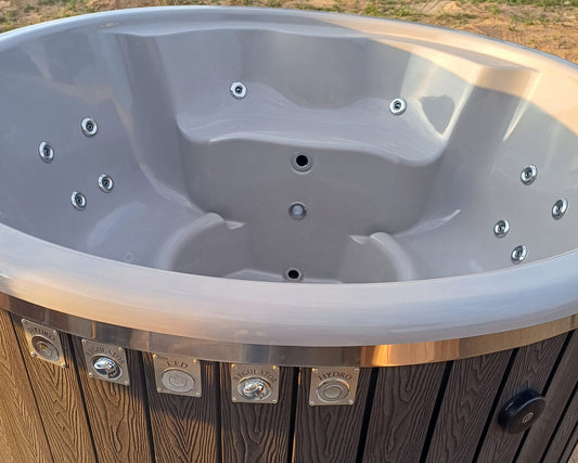 Round Wood-Fired Hot Tub with External Log Burner