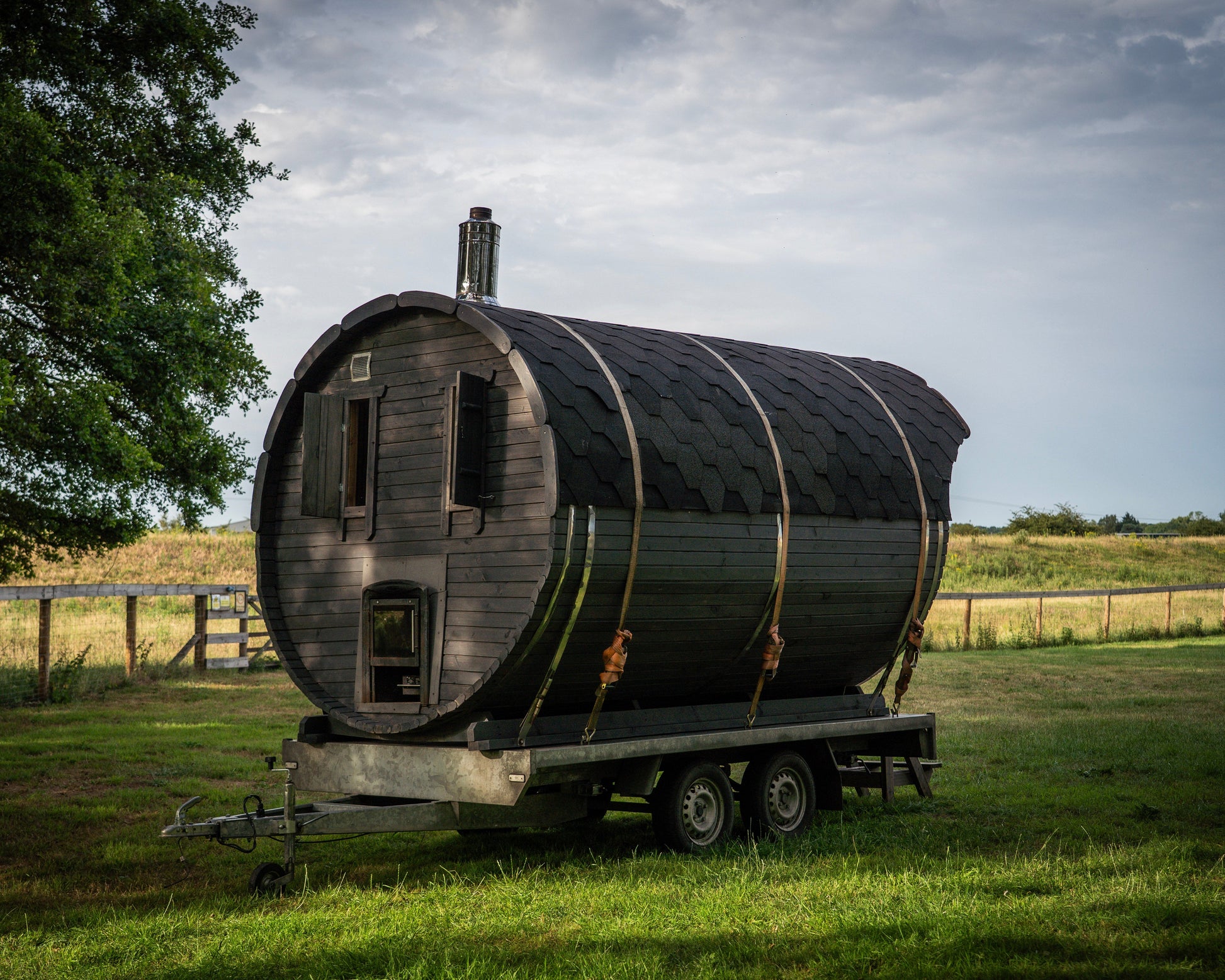 Barrel sauna box ready for the party in Norfolk field