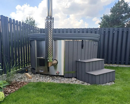Round Wood-Fired Hot Tub with Integrated Log Burner