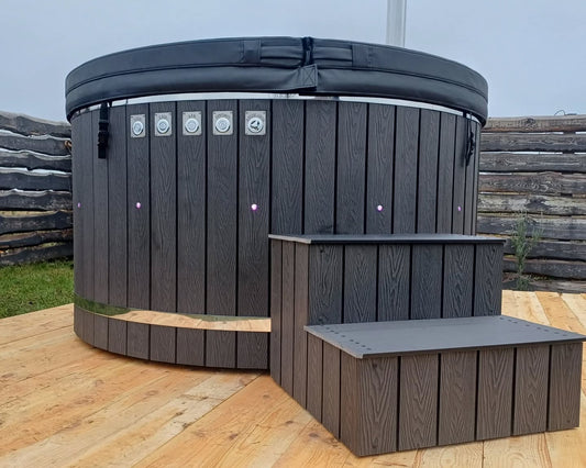 Round Wood-Fired Hot Tub with External Log Burner