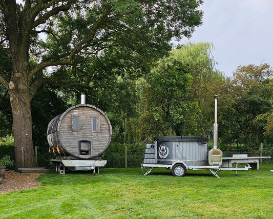 Mobile wood-fired sauna and hot tub delivery in East Anglia garden