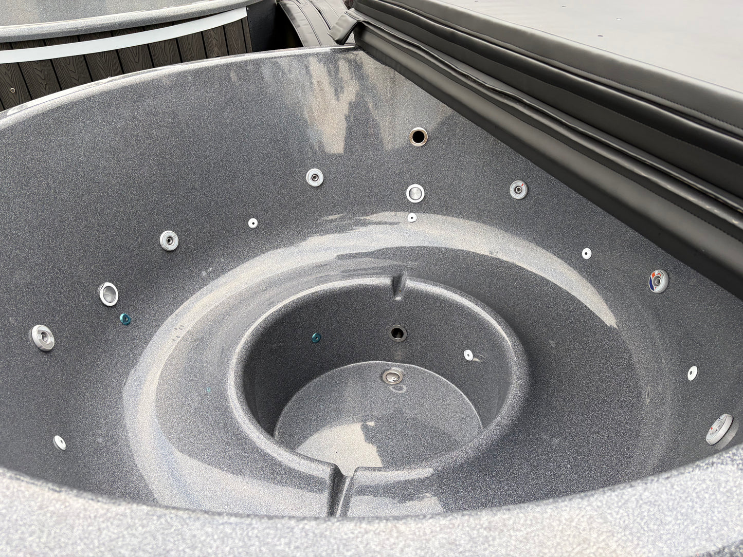 Round Wood-Fired Hot Tub with External Log Burner