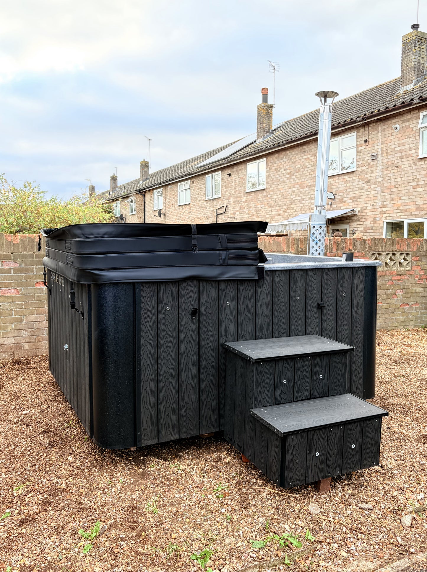Rectangular Wood-Fired Hot Tub with Integrated Log Burner