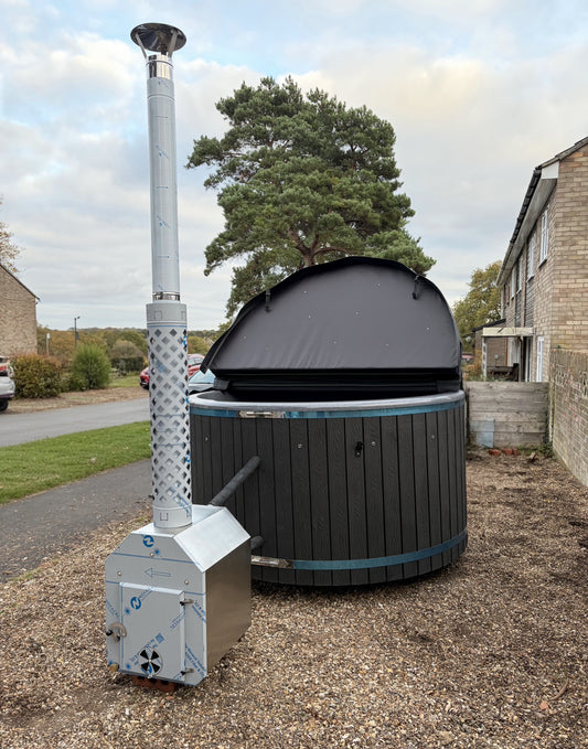 Round Wood-Fired Hot Tub with External Log Burner